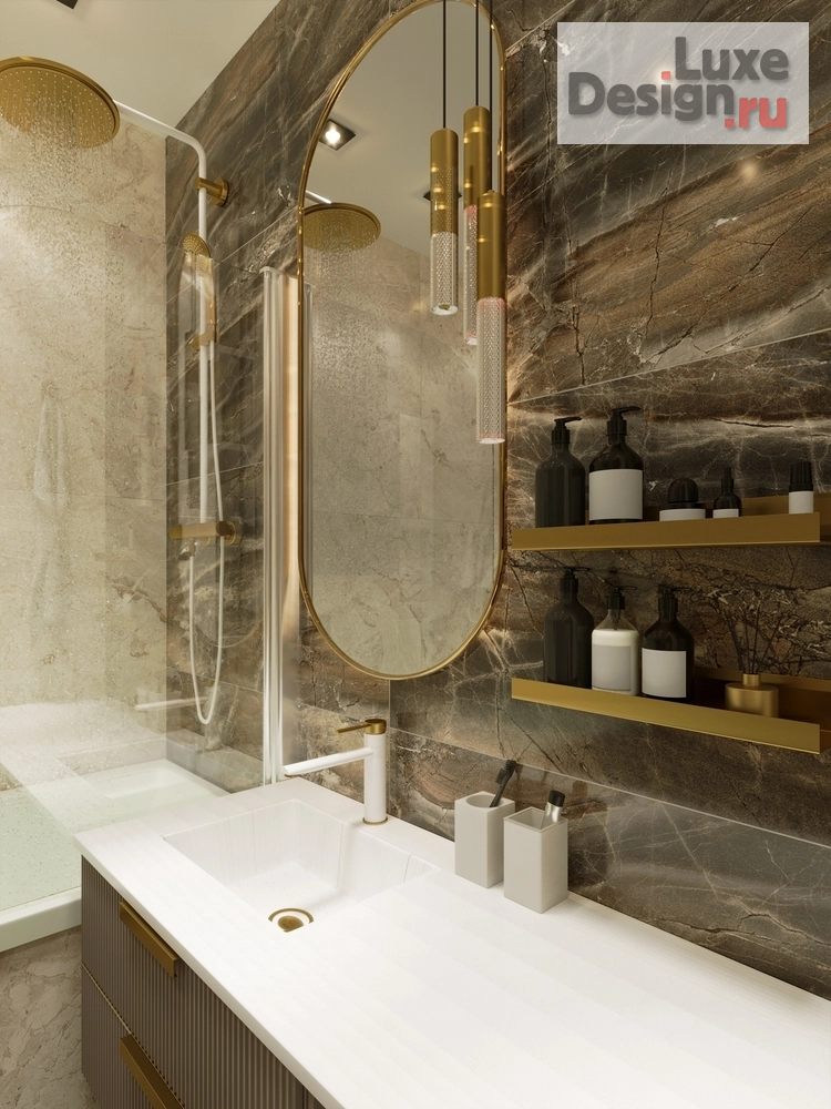 дизайн интерьера санузла "Санузел с золотыми акцнетами" (фото 3)
